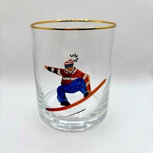 Gold Rimmed whiskey Glass with Snowboarder Design